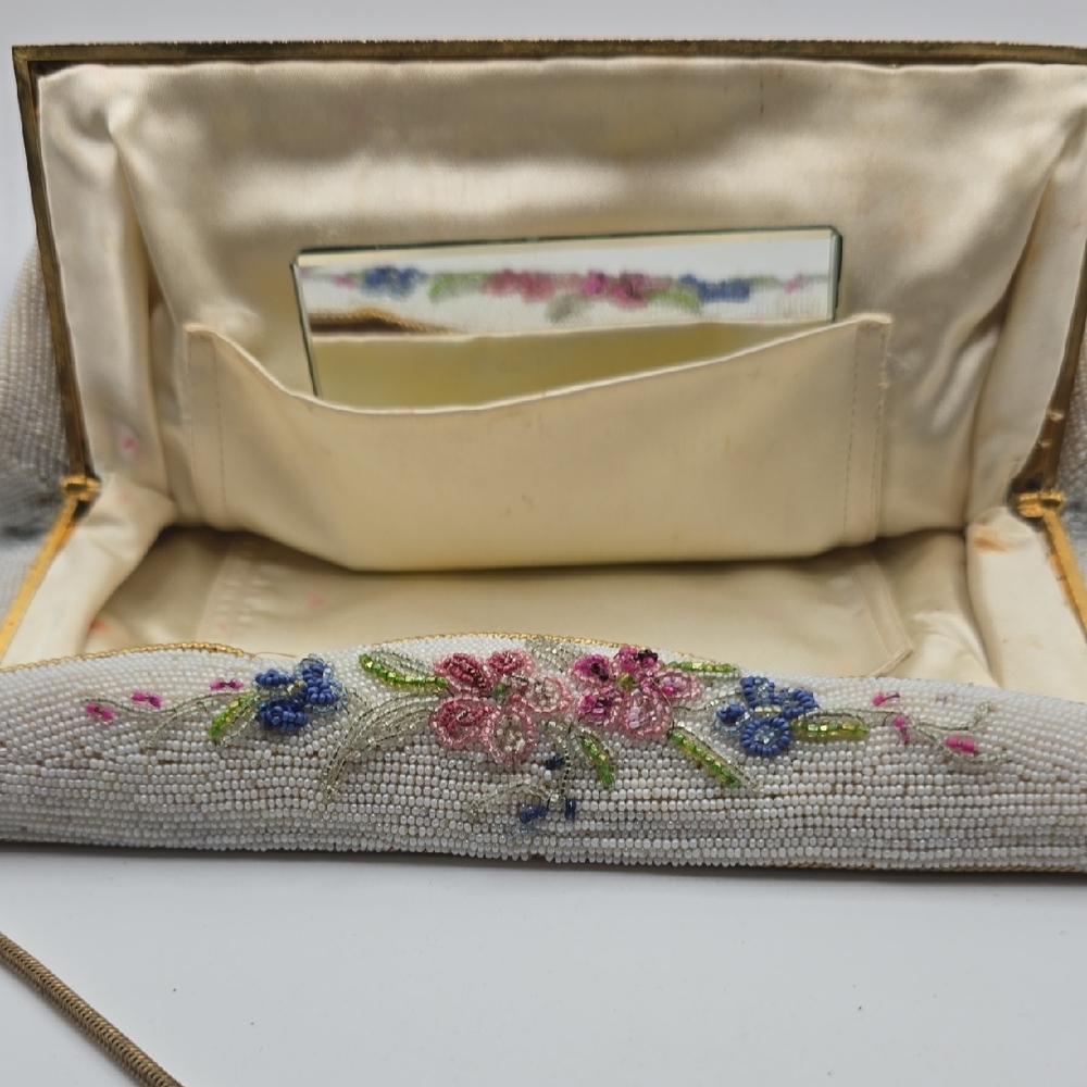 Vintage Ivory Beaded Handbag Embroidered Rose Floral Envelope Clutch French - Picture 10 of 16